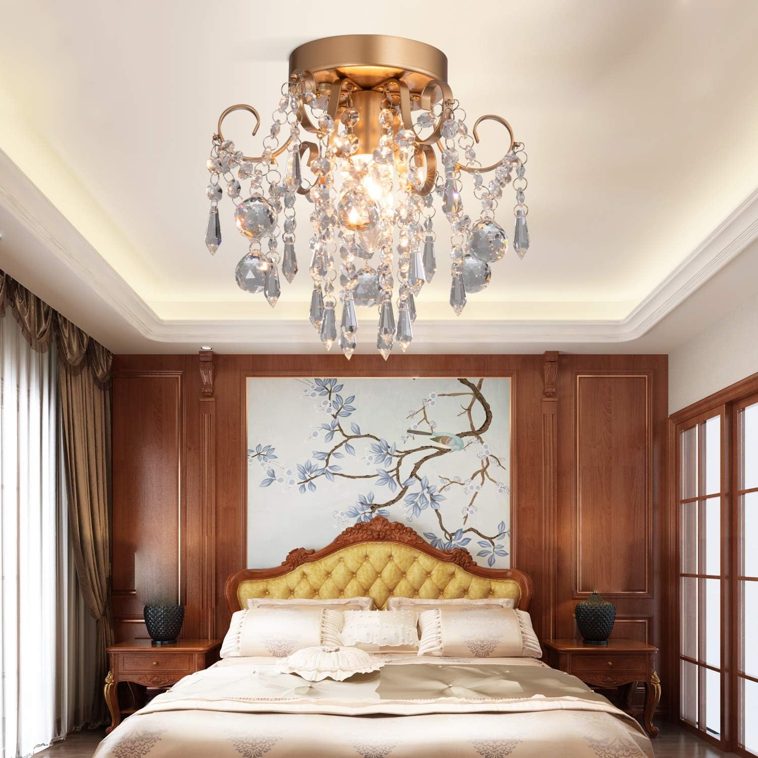 Mini Crystal Chandelier Flush Mount Gold Ceiling Light illuminating a stylish bedroom with elegant decor.
