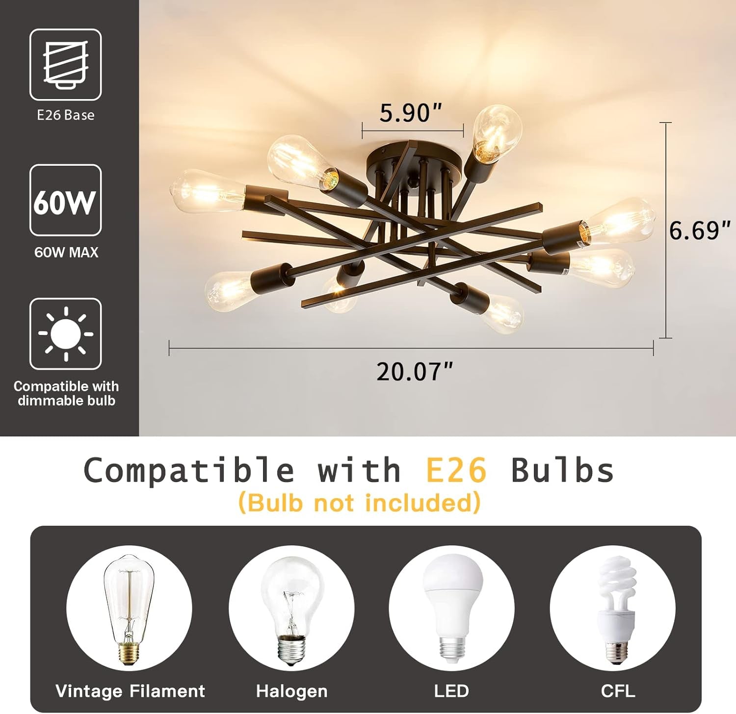 8 Light Matte Black Sputnik Chandelier Semi Flush Mount dimensions and compatibility with E26 bulbs.