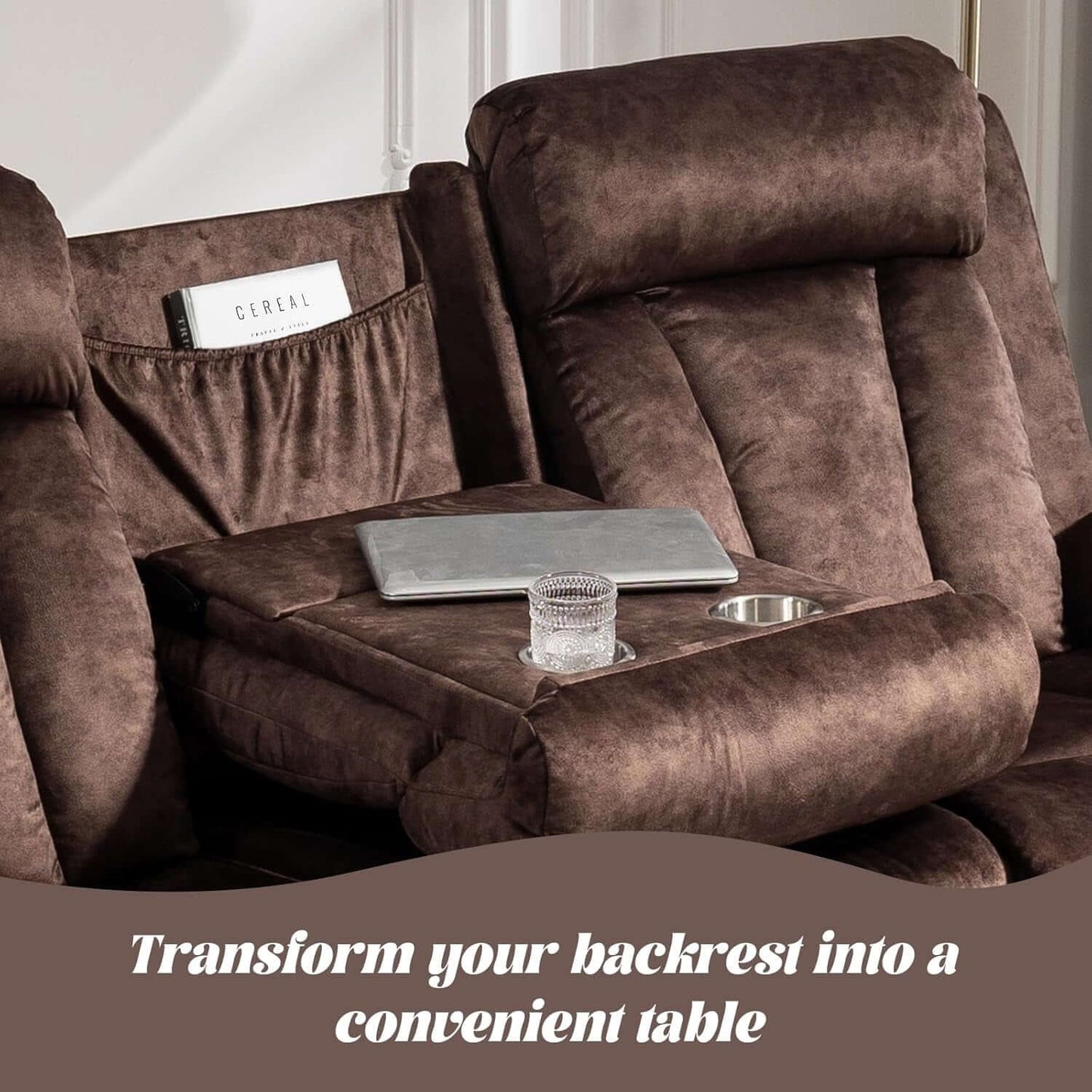Power Reclining Sofa Set 3 Seat With Massage USB Ports showcasing convenient backrest table.