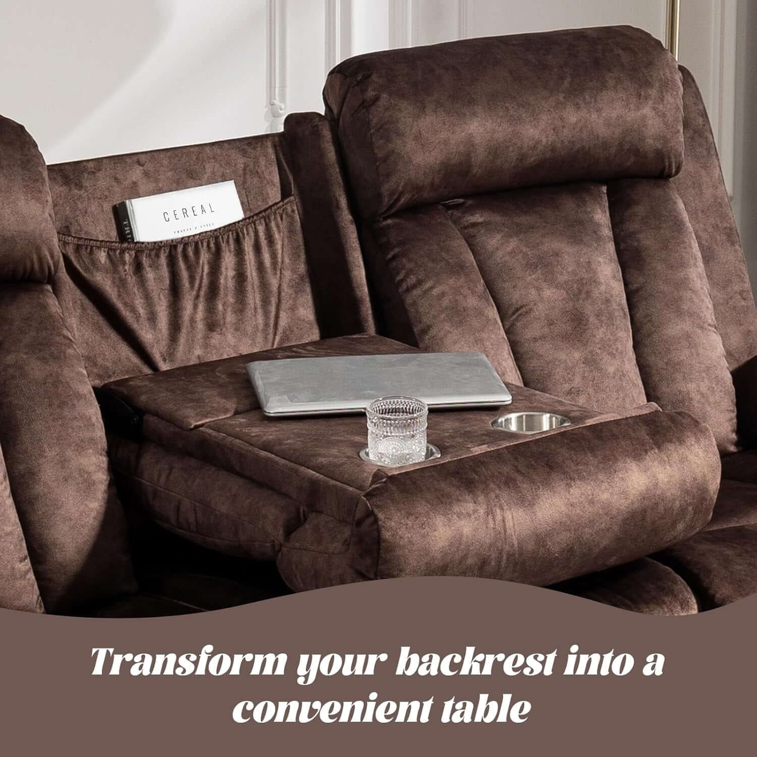 Power Reclining Sofa Set 3 Seat With Massage USB Ports showcasing convenient backrest table.