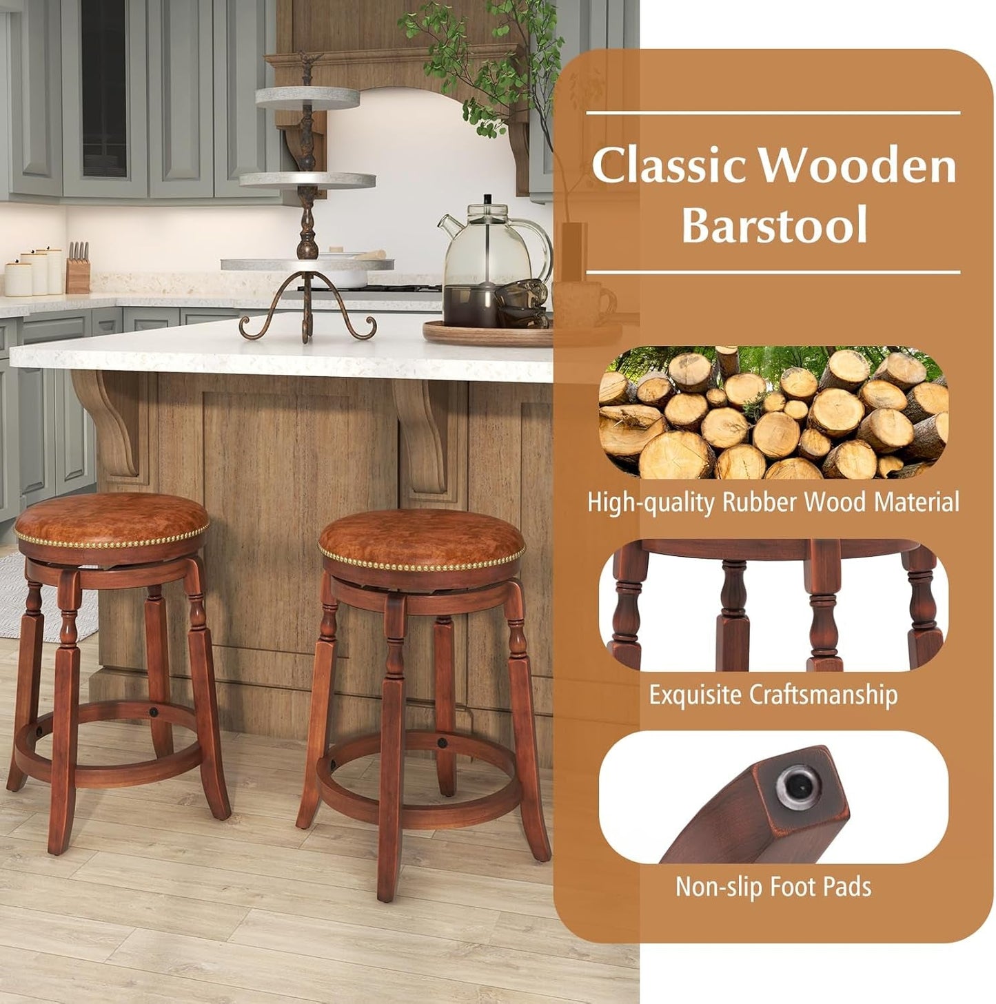 24 Inch Swivel Bar Stool Set Of 2 With Upholstered Seat And Rubber Wood Frame For Kitchen Island