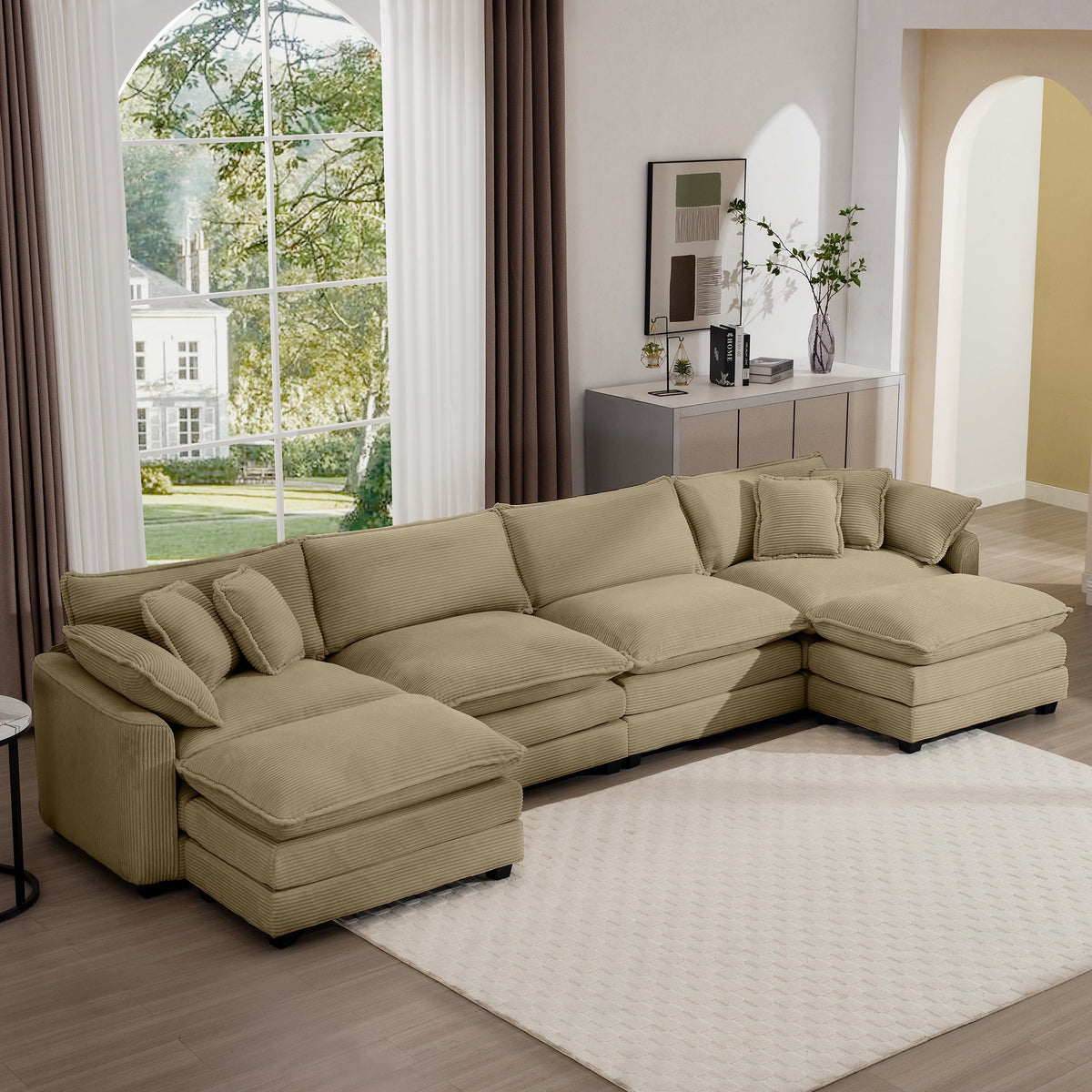 Corduroy Sofa - Modern Upholstered 4 Seater with Footstools