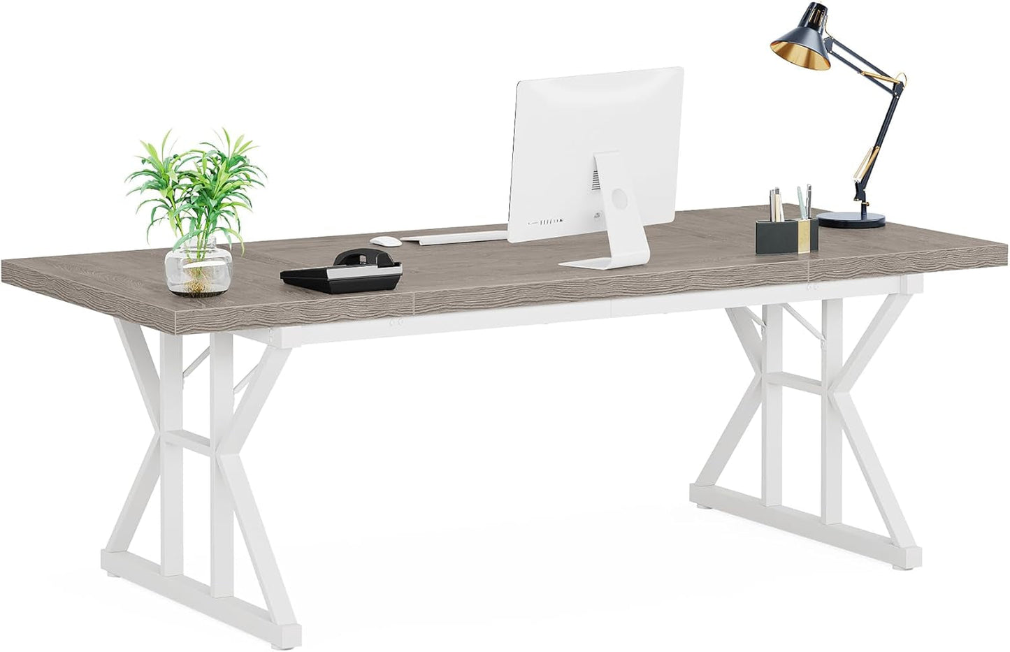 70.8 Inch Grey White Executive Desk Large Home Office