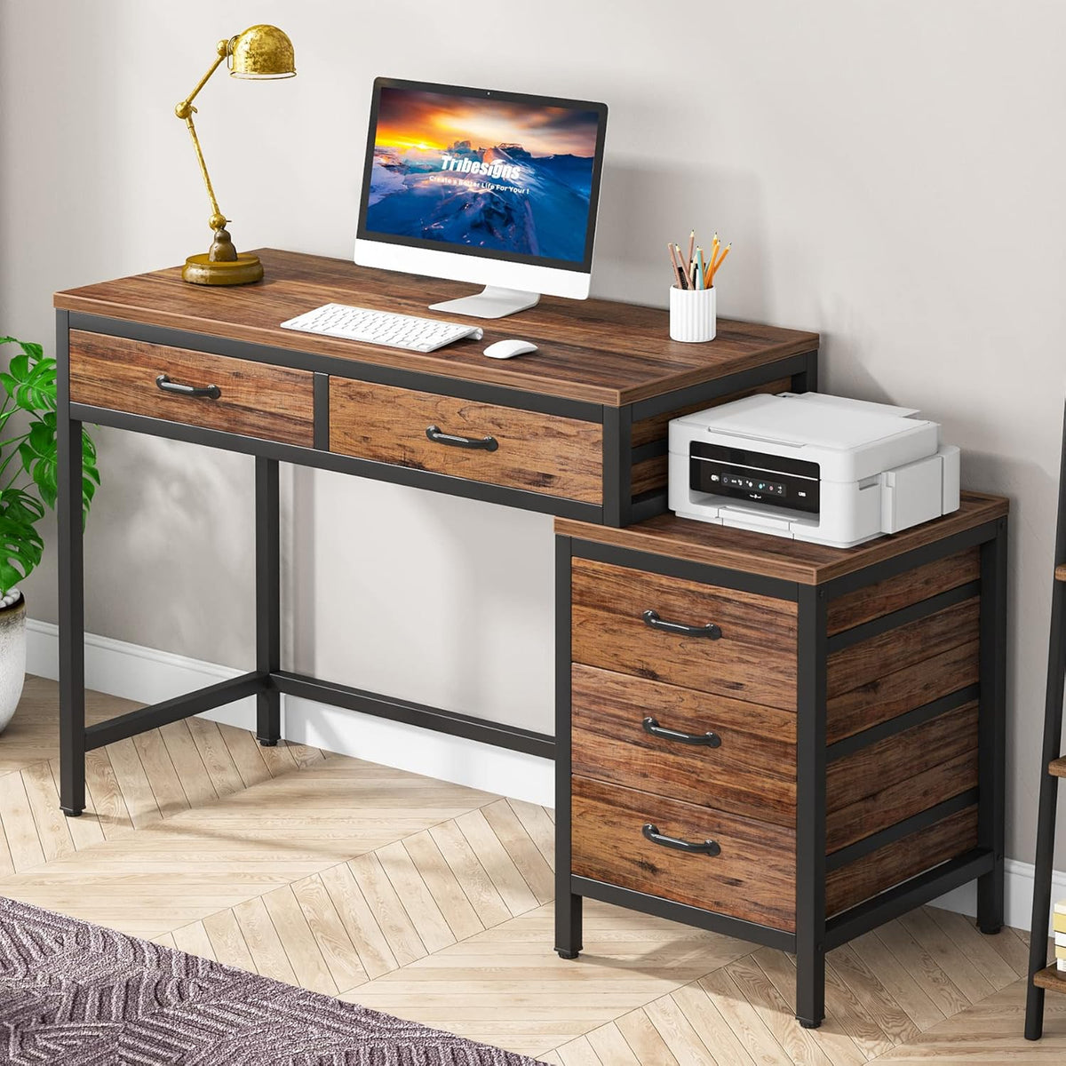 51" Reversible Computer Desk with 5 Drawers and File Cabinet