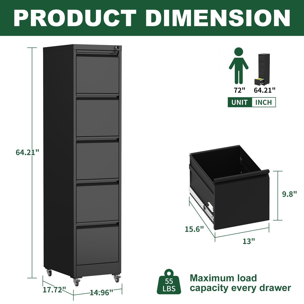 5 Drawer Metal Vertical File Cabinet with Lock on Wheels