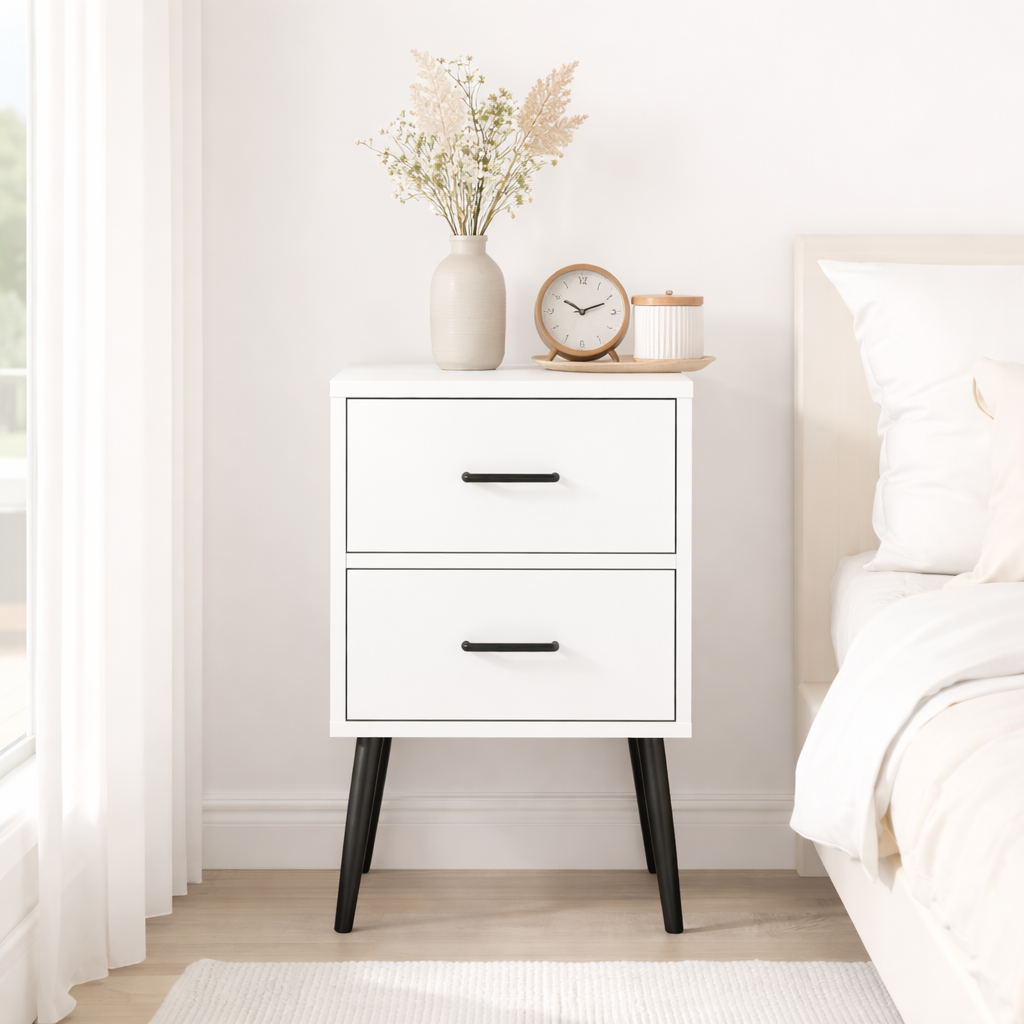 2-Drawer Nightstand with Metal Legs and Metal Handles