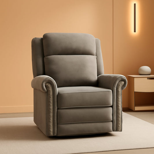 Light Brown Velvet Swivel Rocker Recliner Nailhead Trim