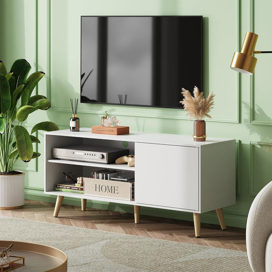 55-Inch TV Stand White Mid-Century Modern Storage Shelves