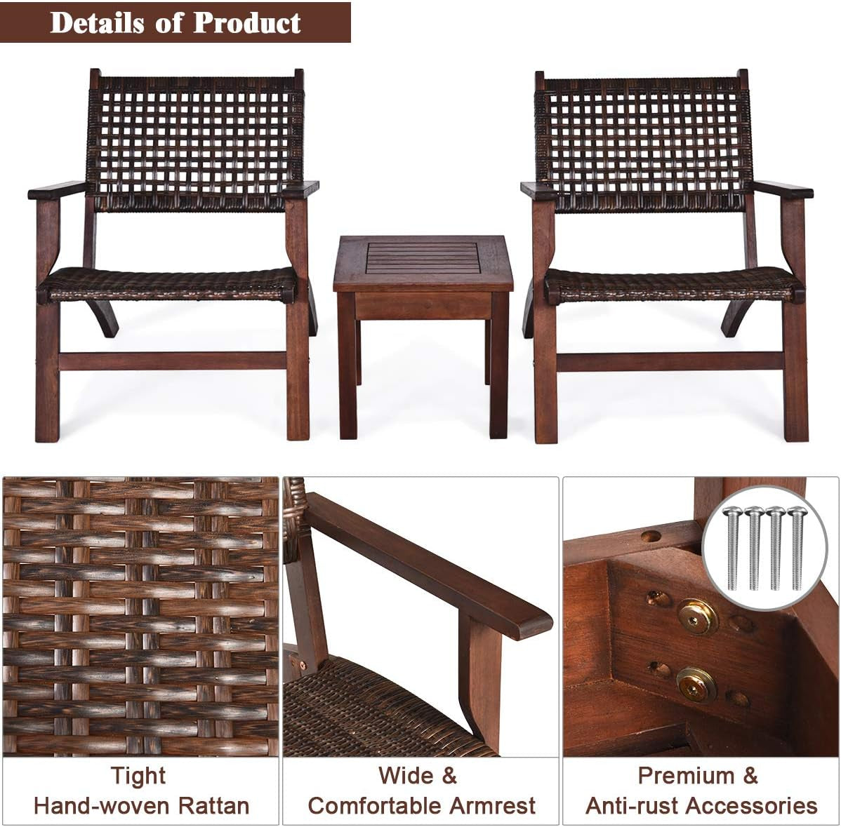 3 Piece Patio Conversation Set With Solid Eucalyptus Wood Frame And Brown Rattan Wicker