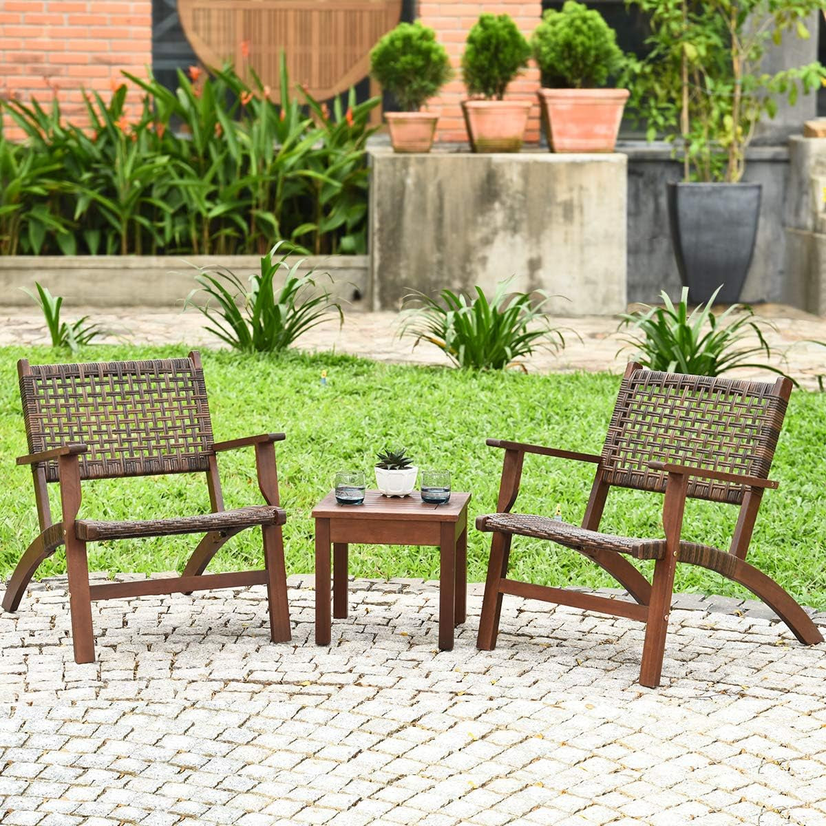 3 Piece Patio Conversation Set With Solid Eucalyptus Wood Frame And Brown Rattan Wicker