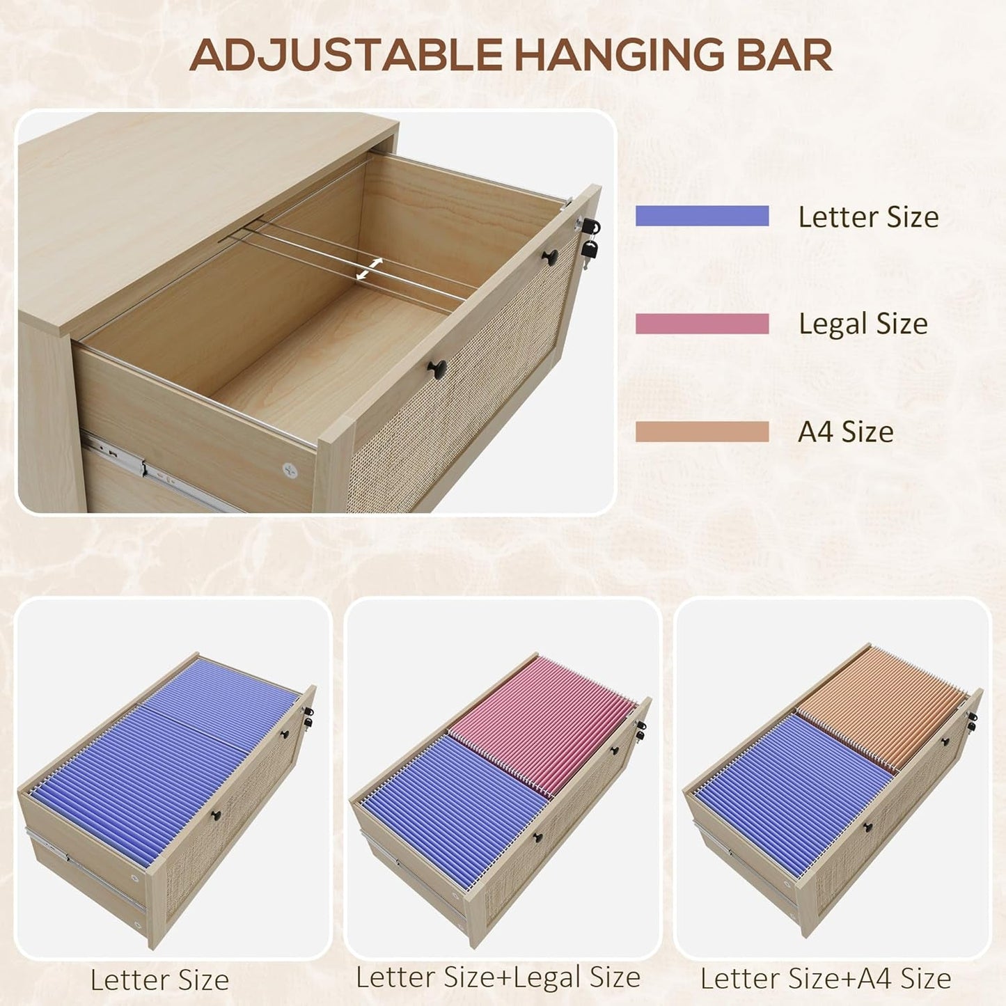 Two Drawer Rattan File Cabinet With Lock, Printer Stand And Adjustable Bars For Letter A4 Legal Files Natural Finish