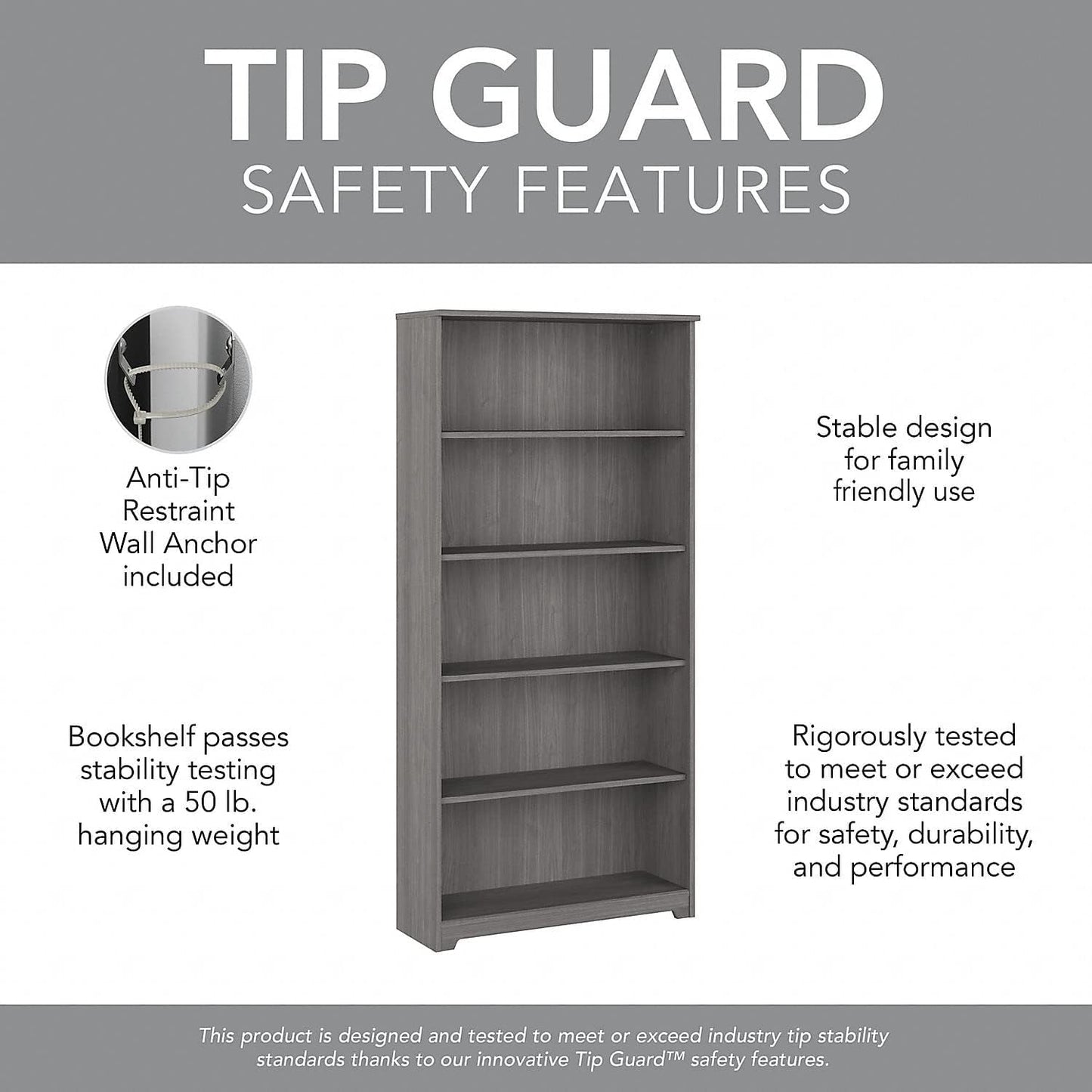 Bush Furniture Cabot Tall 5 Shelf Bookcase Modern Gray