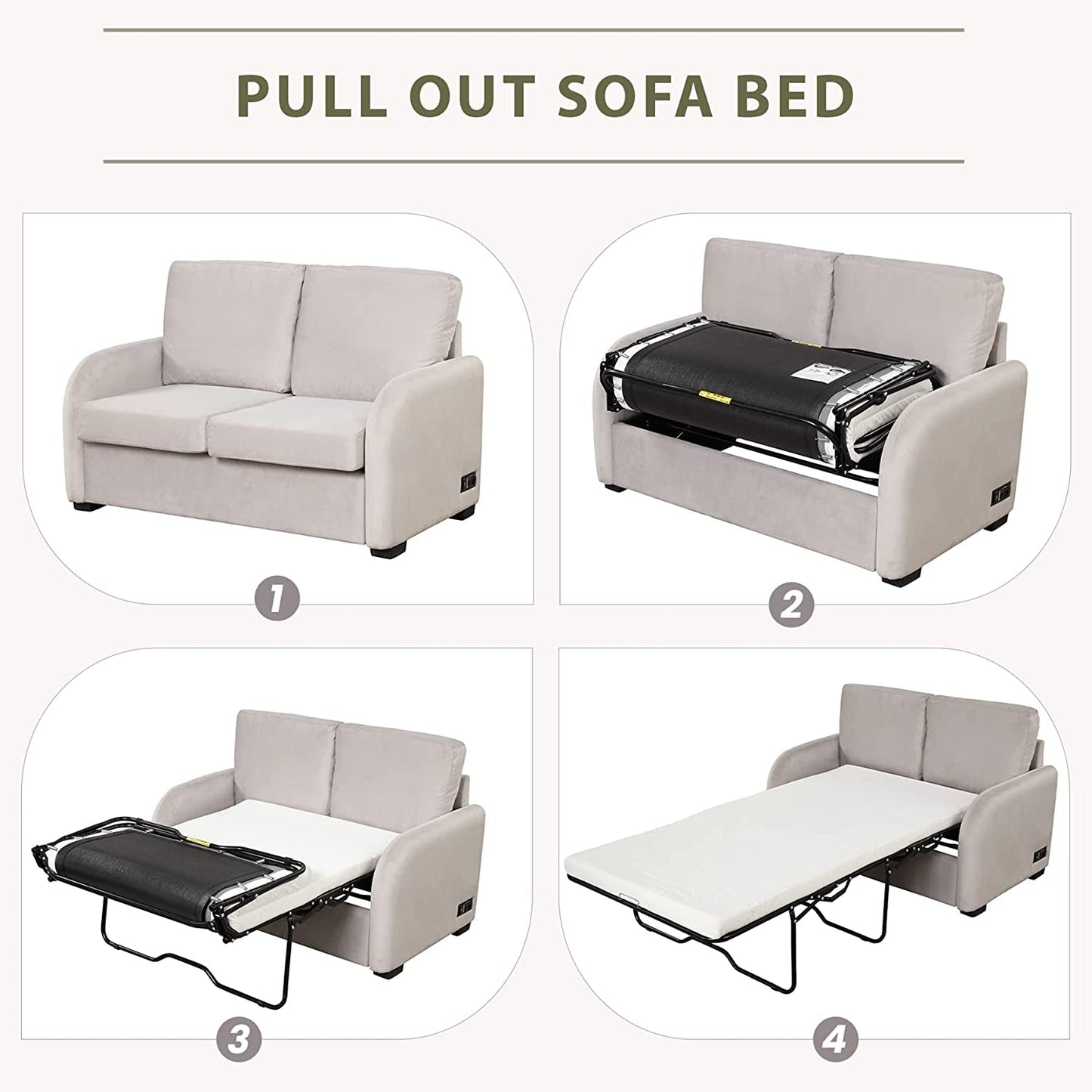 2 In 1 Velvet Sleeper Sofa With USB Port Convertible Loveseat Bed Soft Velvet Upholstery For Small Living Rooms Guests