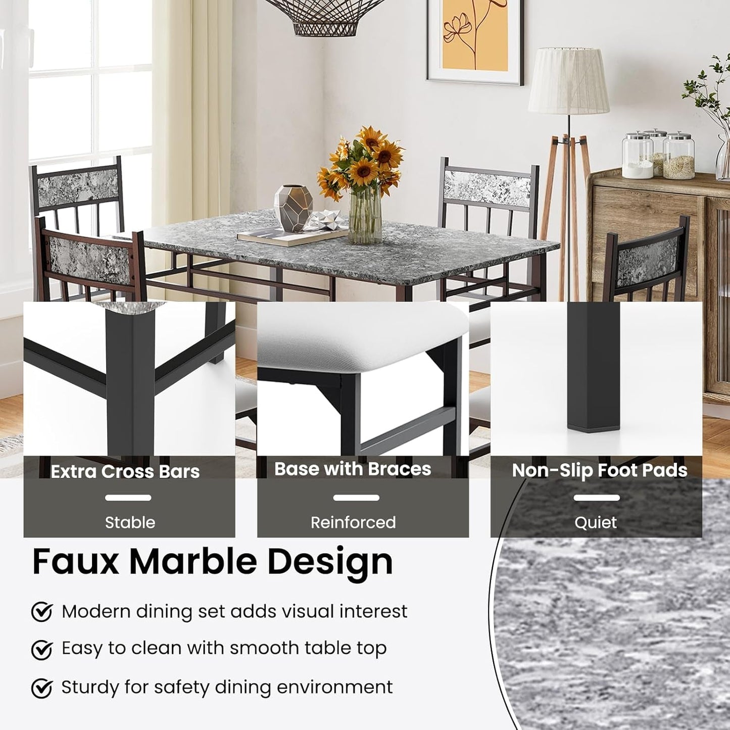 Grey Faux Marble Dining Table Set For 4 With Padded Chairs