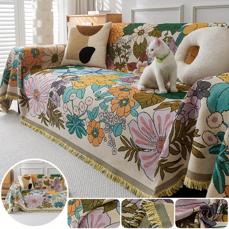 Linen Sofa Cover | Floral Tassel Throw, Pet-Friendly & Non-Slip