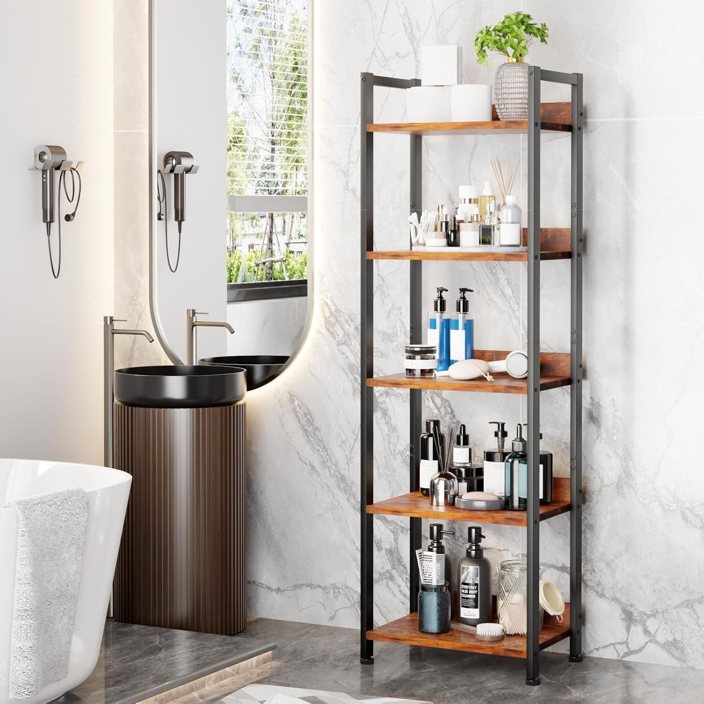 5 Tier Bookshelf With Drawer Tall Narrow Wood Bookcase