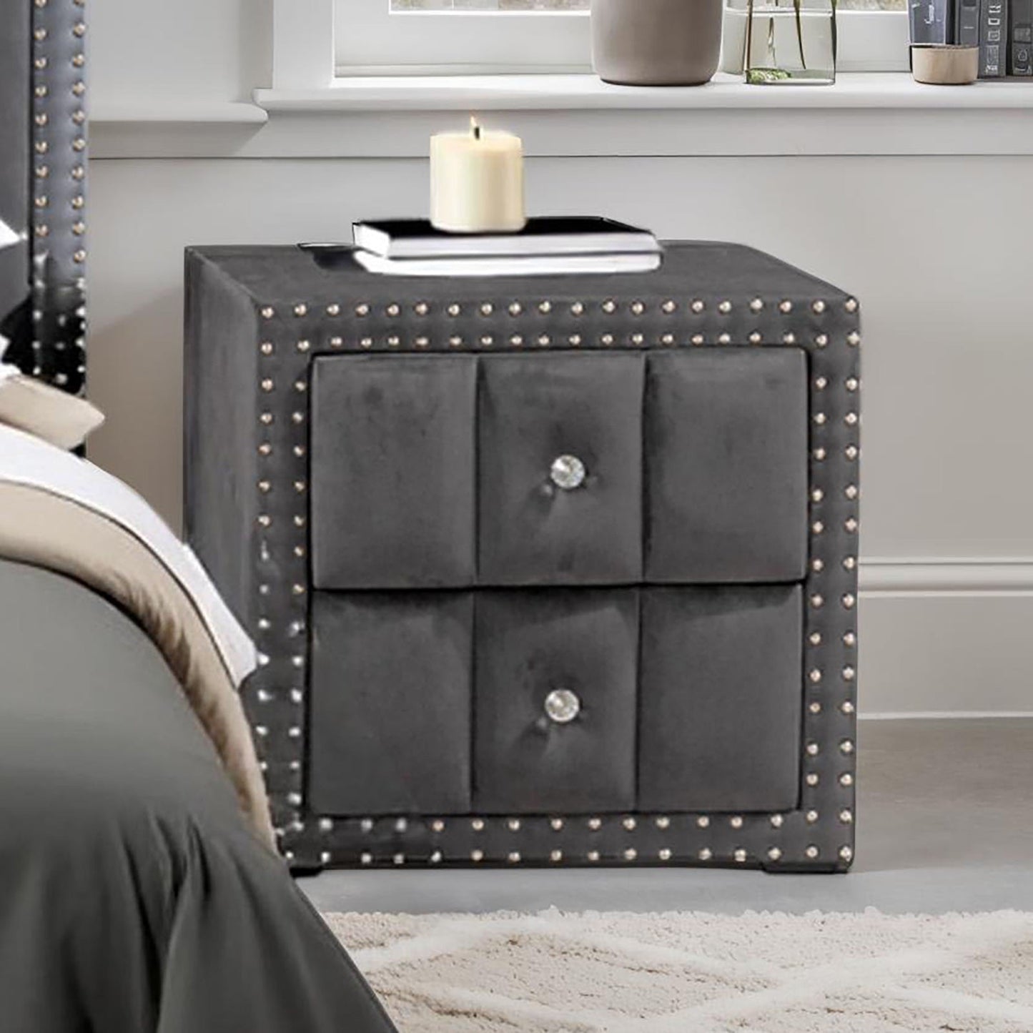 Contemporary 3pc Bedroom Set Full Size Bed 2x Nightstands Bedroom Furniture Dark Gray Fabric Upholstered Bedframe w LED Nailhead Trim