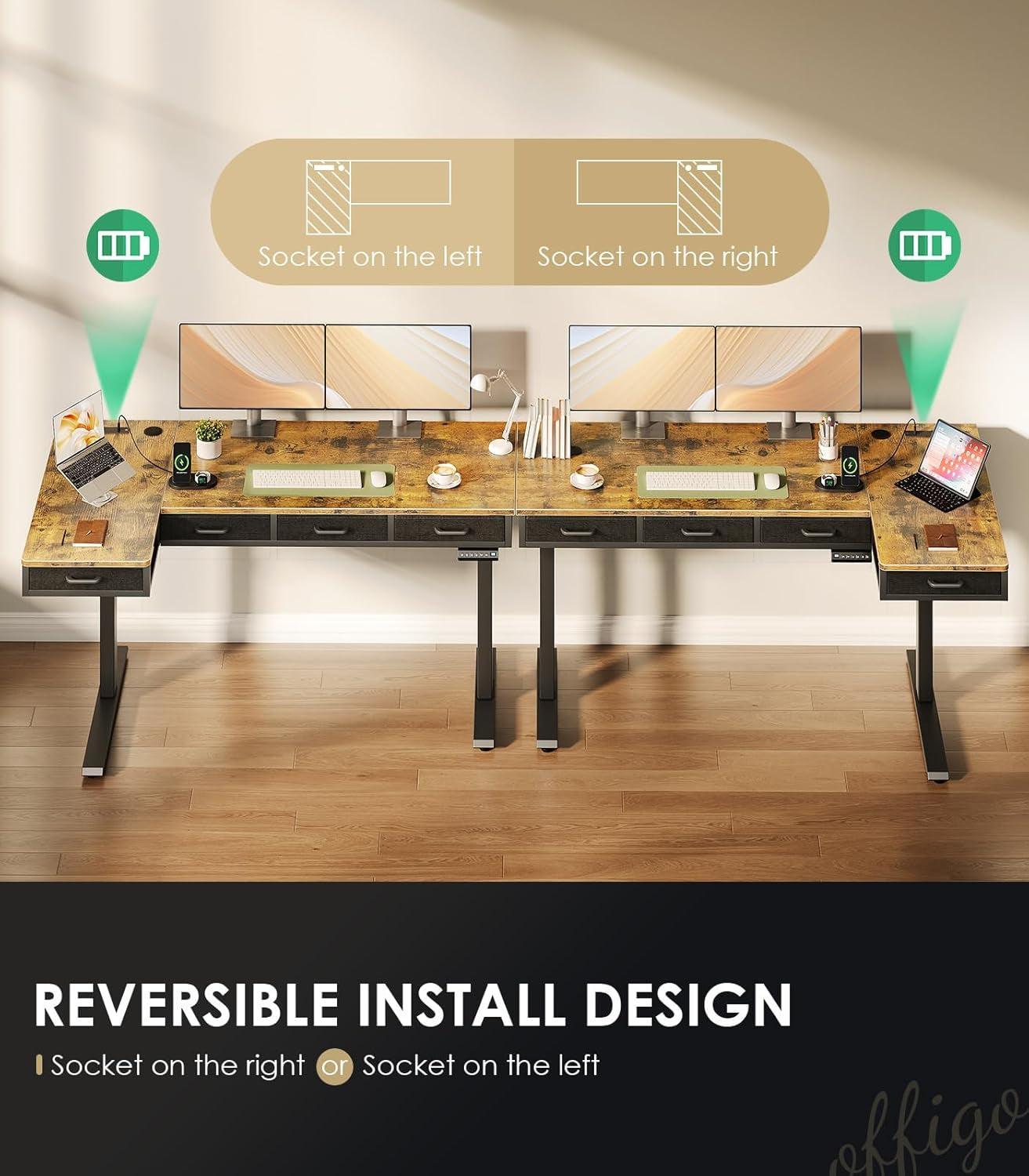 Sixty Three Inch L Shaped Electric Height Adjustable Desk Drawers