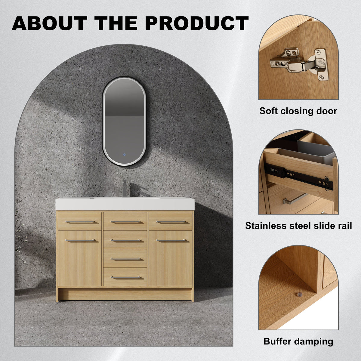 48" Freestanding Bathroom Vanity with Resin Sink, 2 Soft Closing Door & 6 Soft Closing Drawer