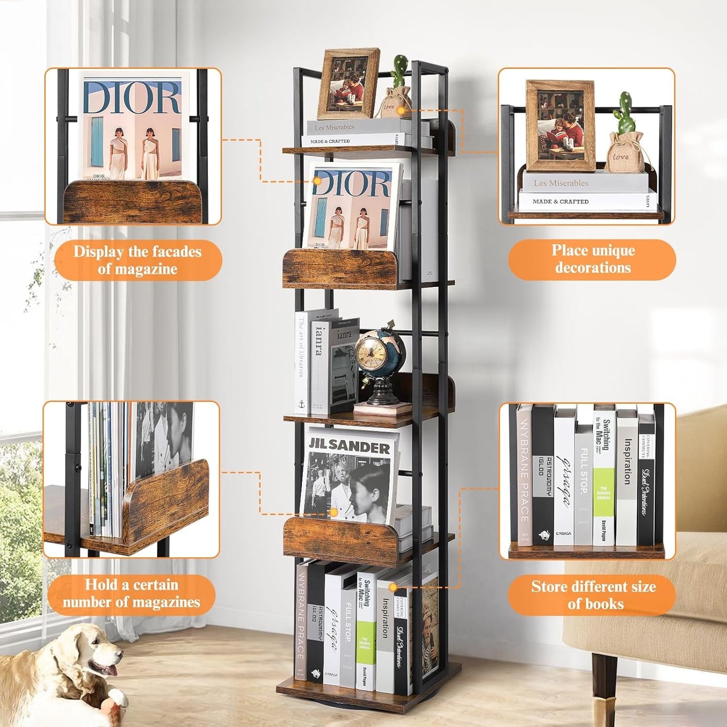Black 5-Shelf 360 Degree Rotating Corner Bookshelf Tower