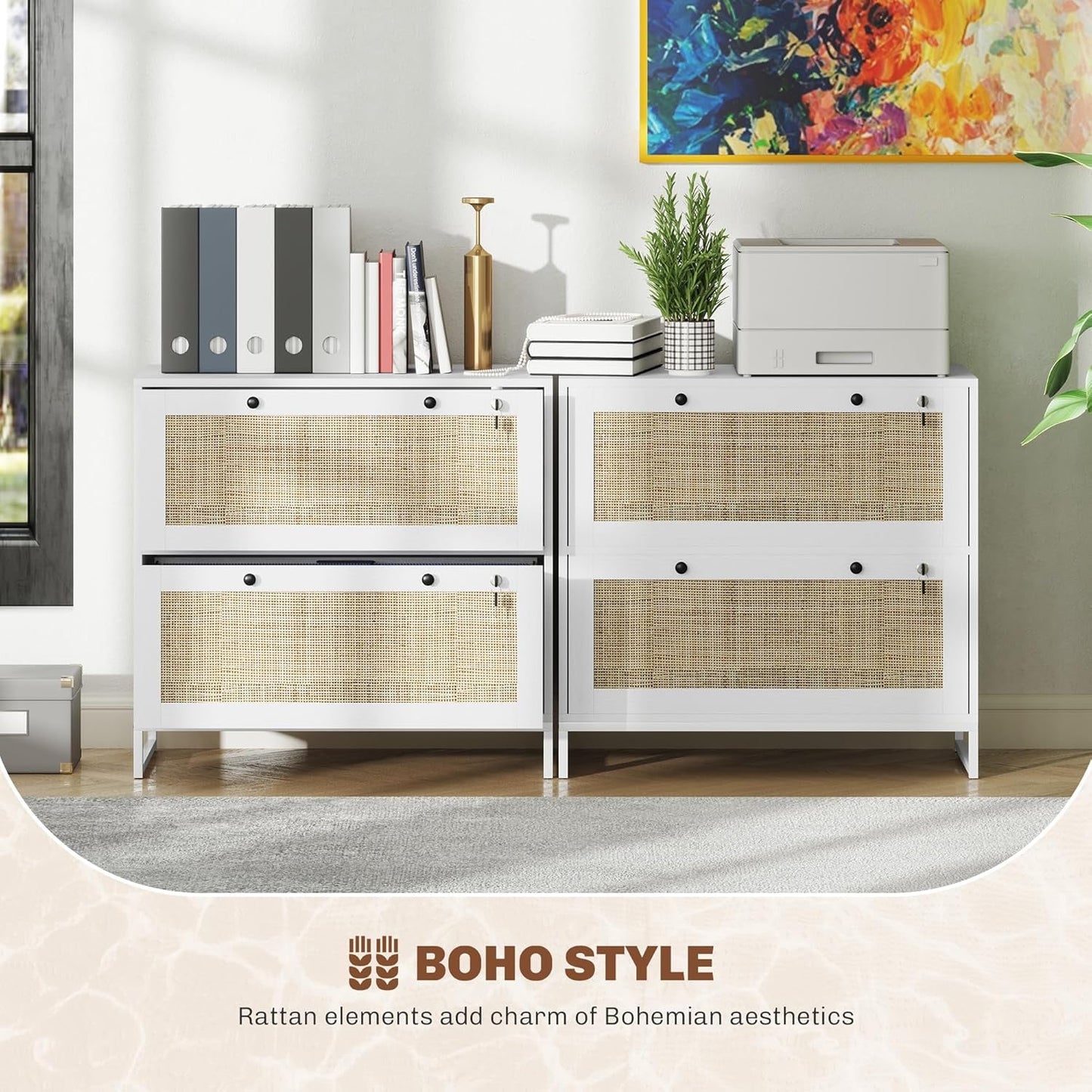 White Rattan 2 Drawer Locking Lateral File Cabinet