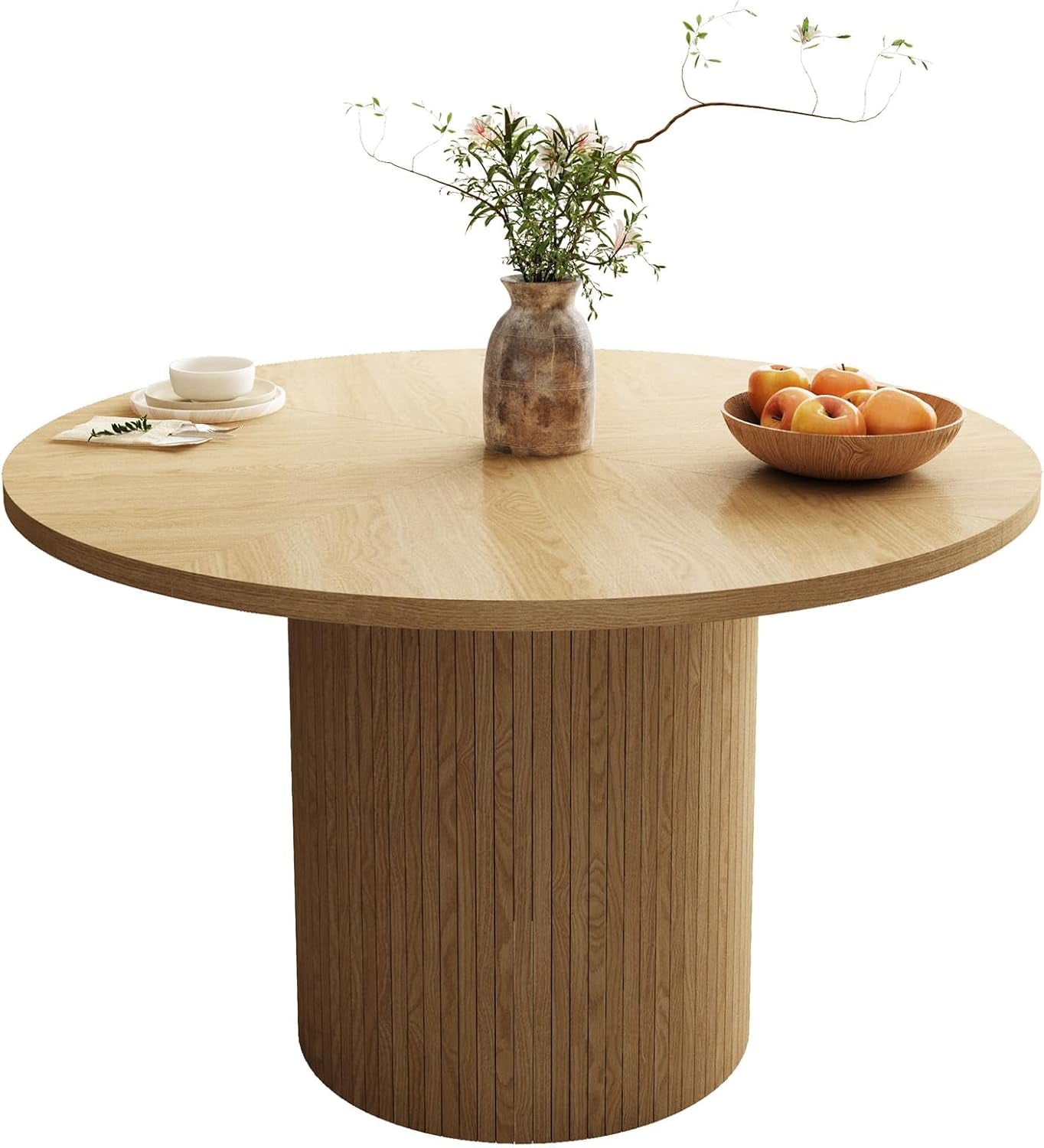 47 Inch Round Dining Table Natural Wood Farmhouse Fluted