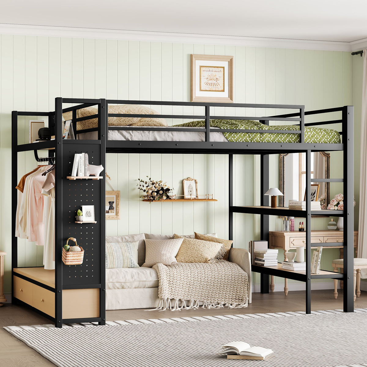 Queen Size Loft Bed Frame with Wardrobe