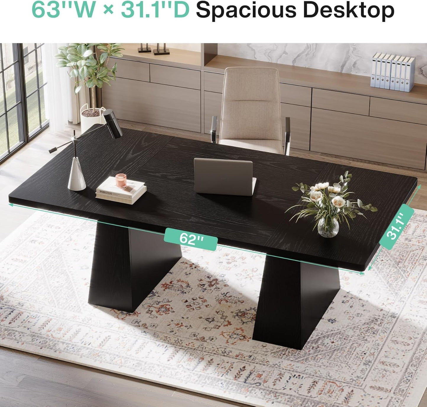 63-Inch Modern Executive Desk Featuring Dual Pedestal