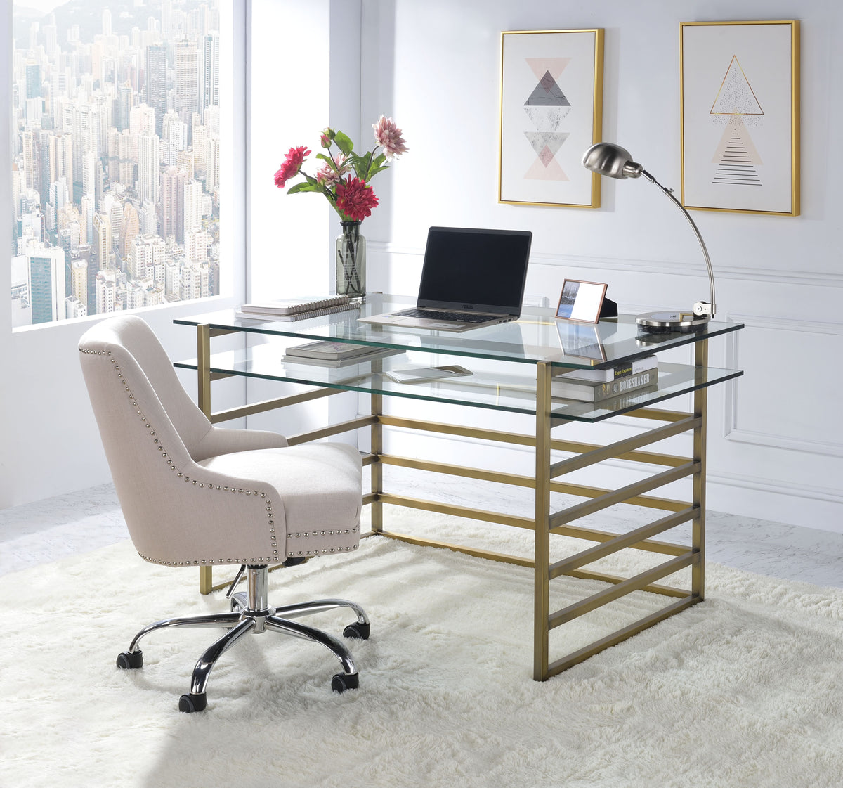 Shona Clear Glass Top & Antique Writing Desk