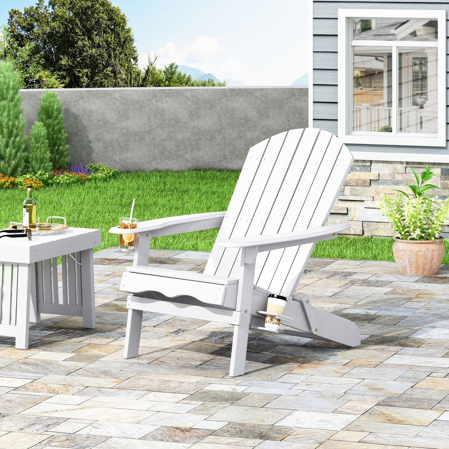 Zenithia Outdoor Foldable Adirondack Chair with 2 Cup Holders, White