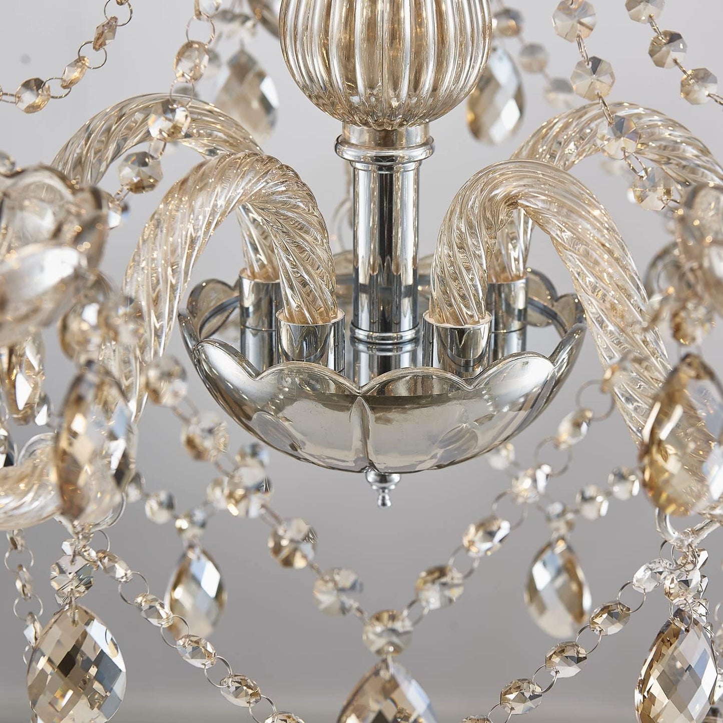 Close-up view of the Champagne Crystal Chandelier 5 Light Modern Bedroom showcasing elegant crystal details and modern design.