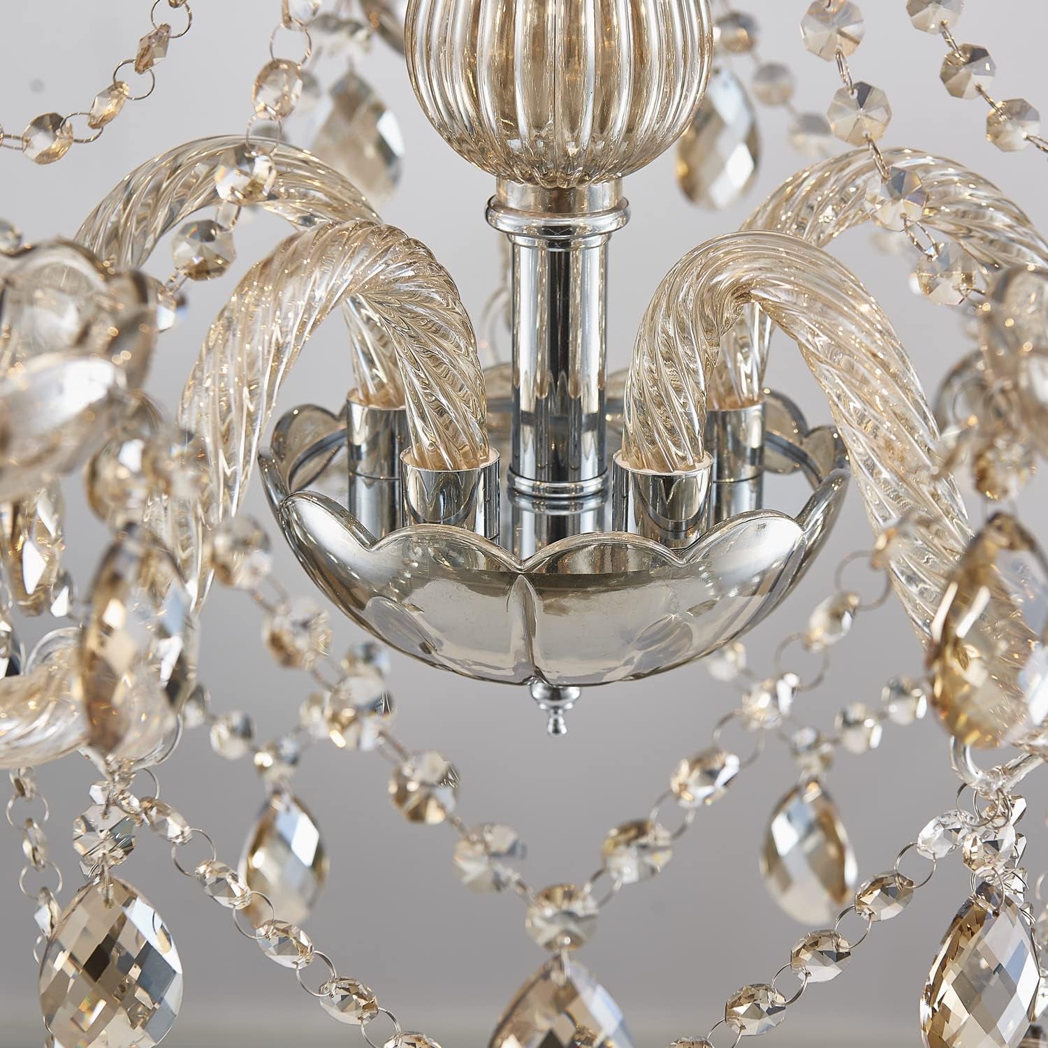 Close-up view of the Champagne Crystal Chandelier 5 Light Modern Bedroom showcasing elegant crystal details and modern design.