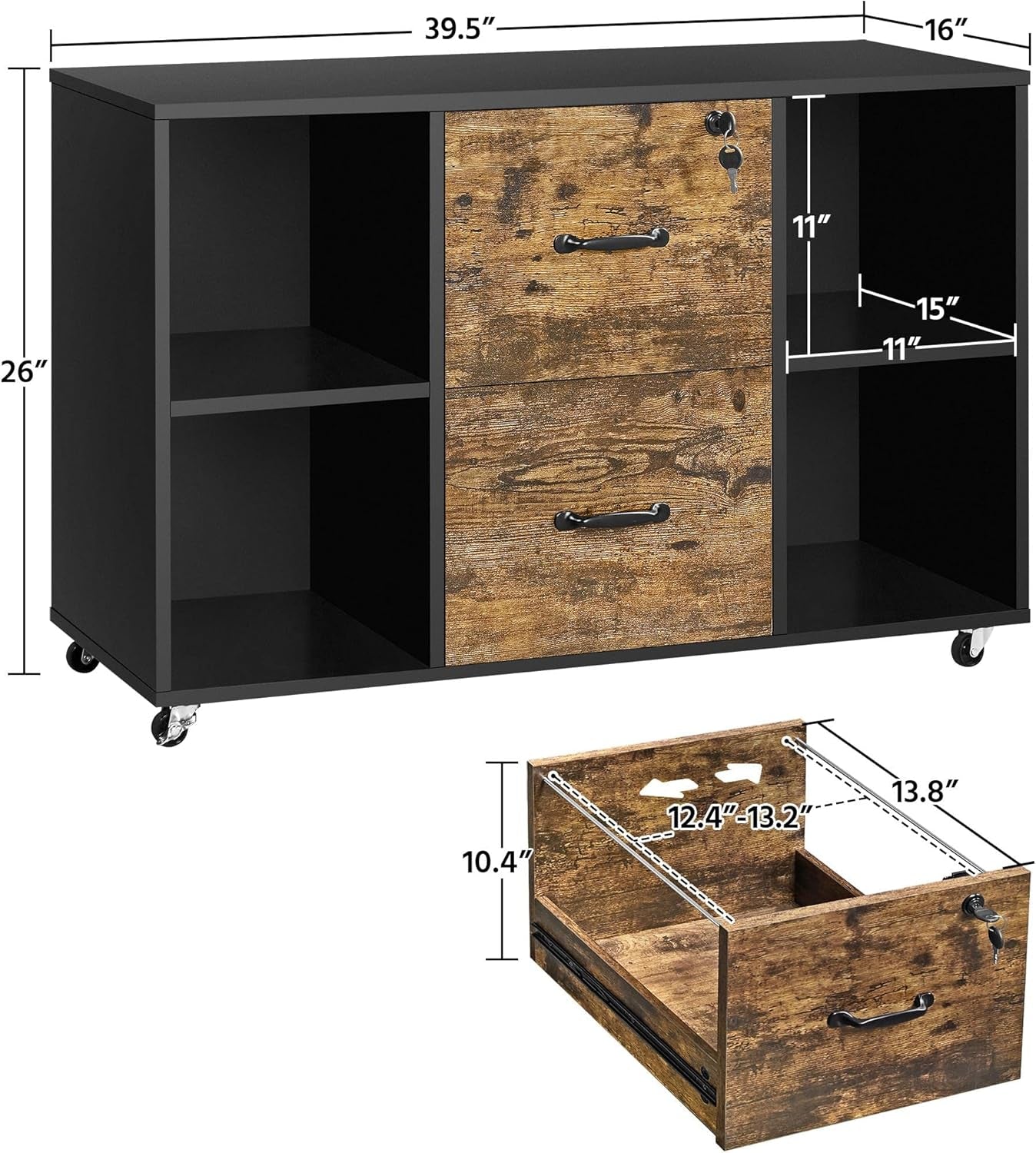 Lateral Filing Cabinet 2 Drawers 4 Open Compartments Black