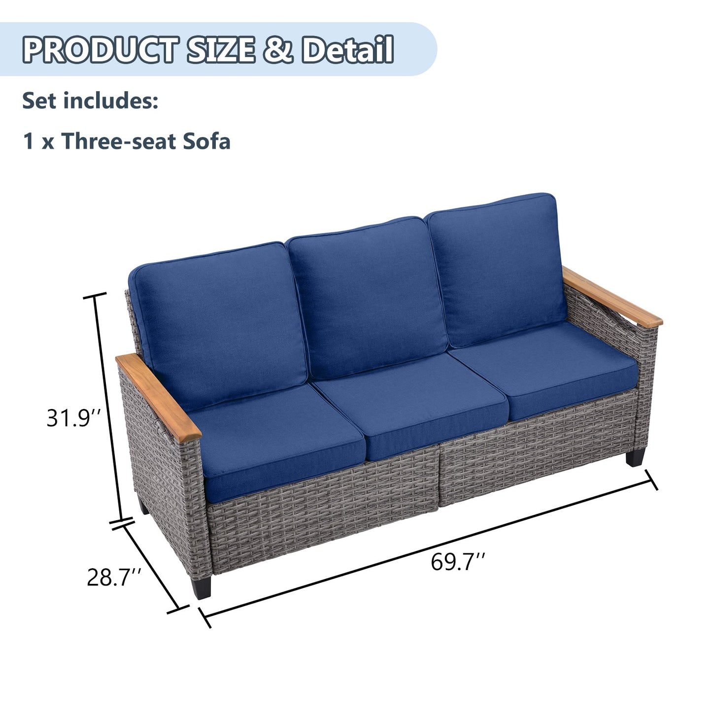 69.7" Wide Outdoor Wicker Patio Sofa, Deep Seating Outdoor Couch