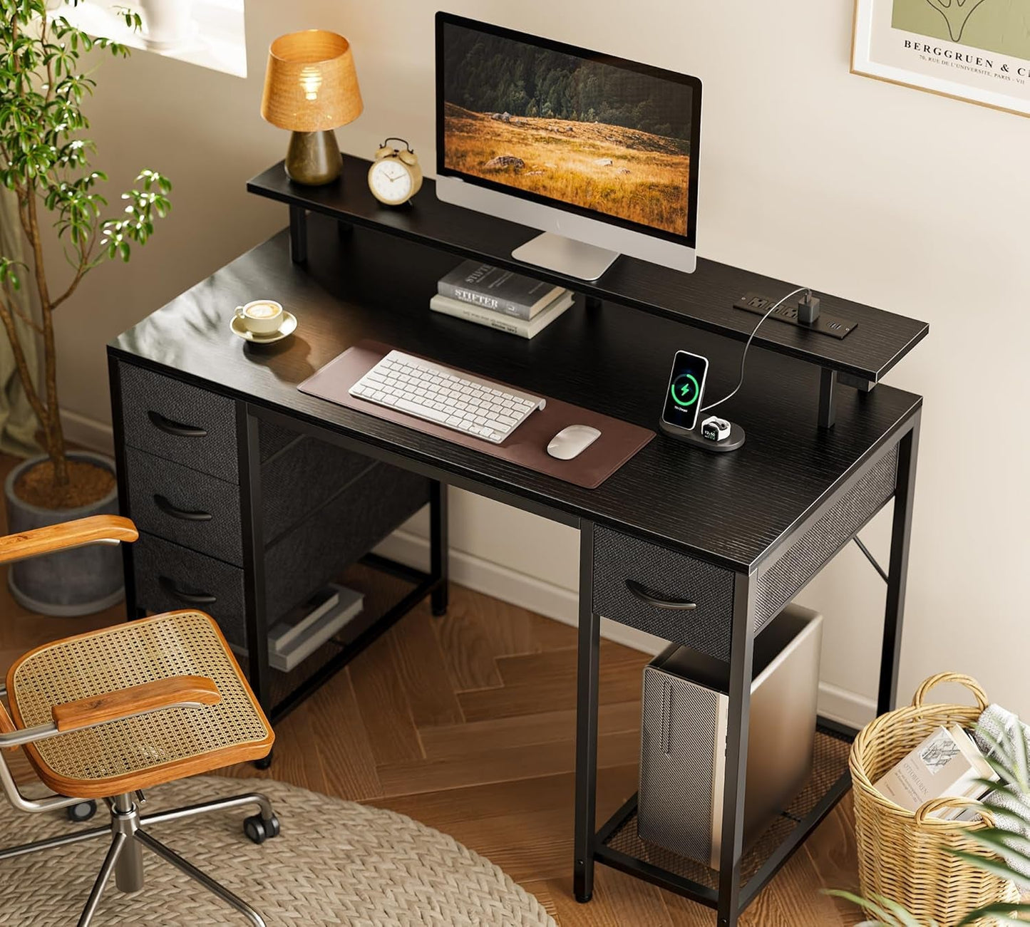 47 Inch Computer Desk With 4 Drawers And LED Lights Black