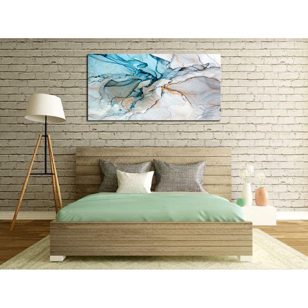 Framed Large 28x56 Inch Abstract Wall Art Giclée Print displayed above a bed in a modern bedroom interior.