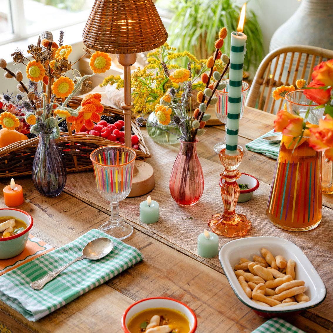 Green Stripe Dinner Candles