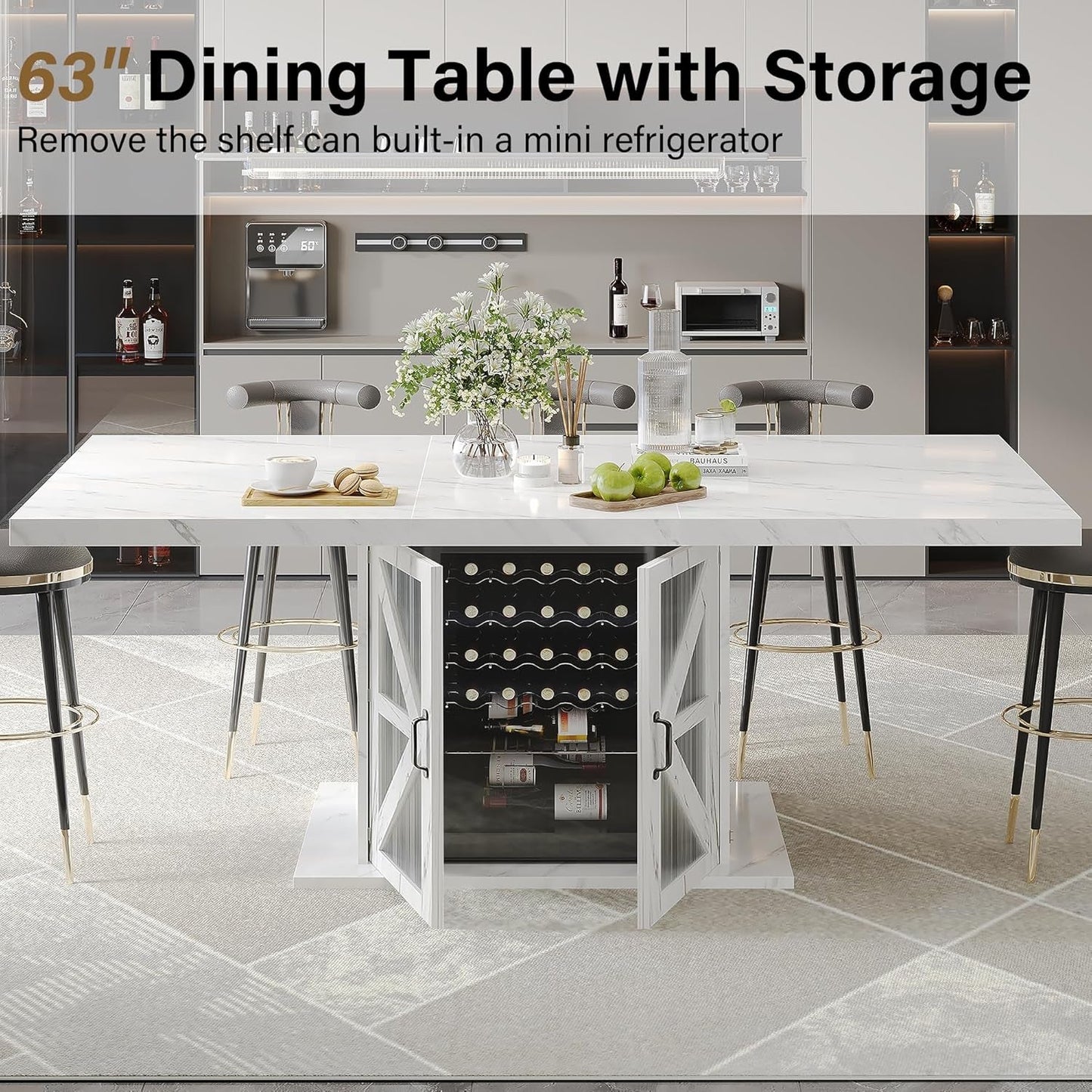 63 Inch White Rectangular Dining Table With Storage