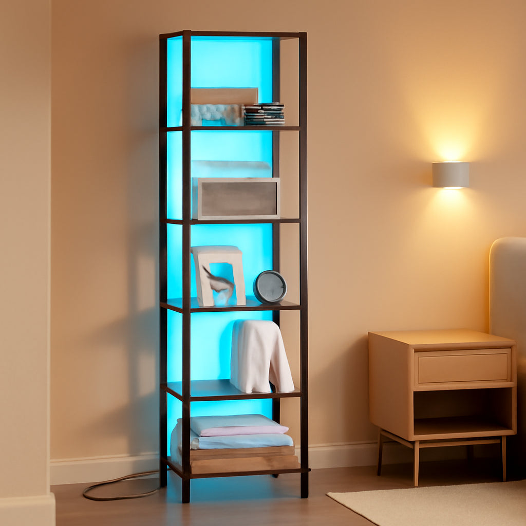 6 Tier Bookshelf With LED Lights In Rustic Brown Living Room