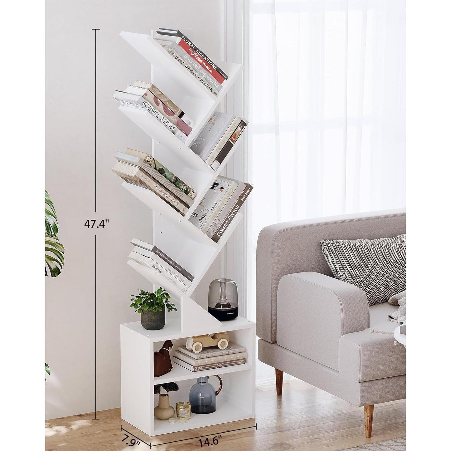 6 Tier Tree Bookshelf Tall Bookcase With Storage Cabinet White