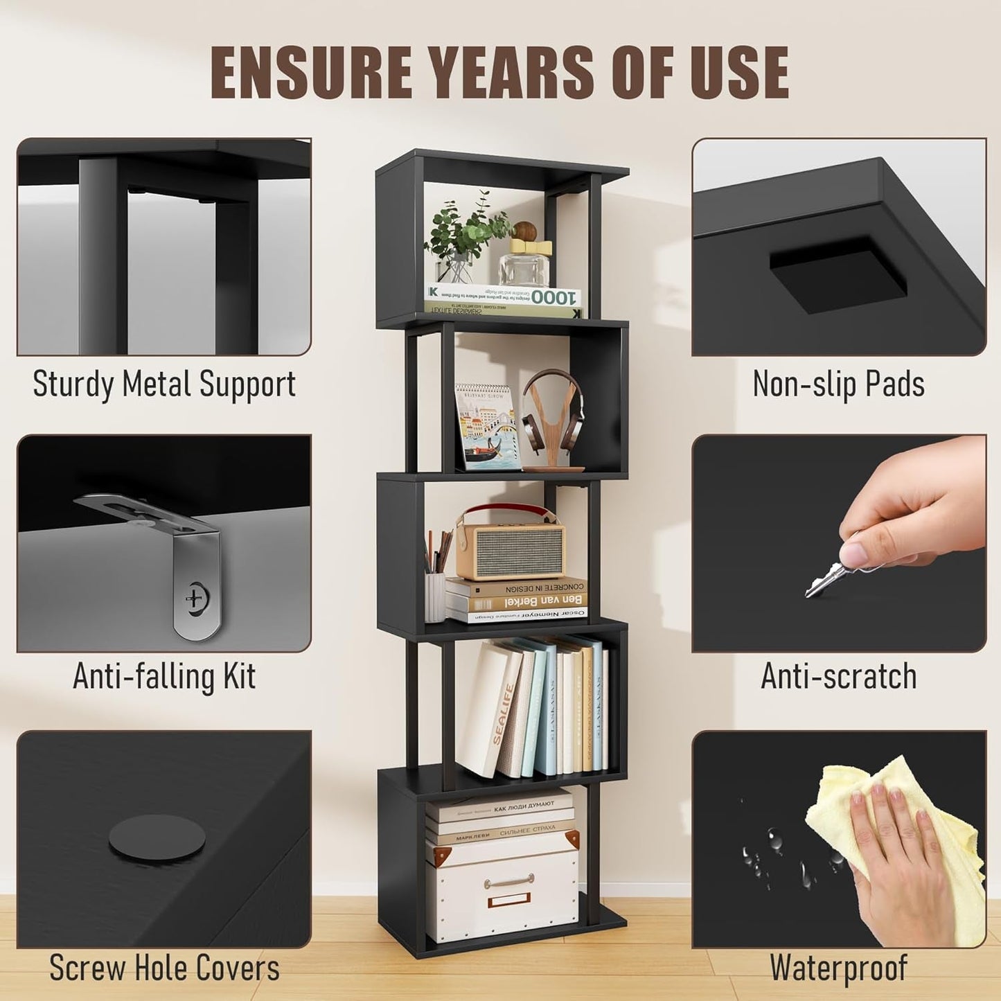 5 Tier S Shaped Bookcase Black Wood And Metal Livingroom