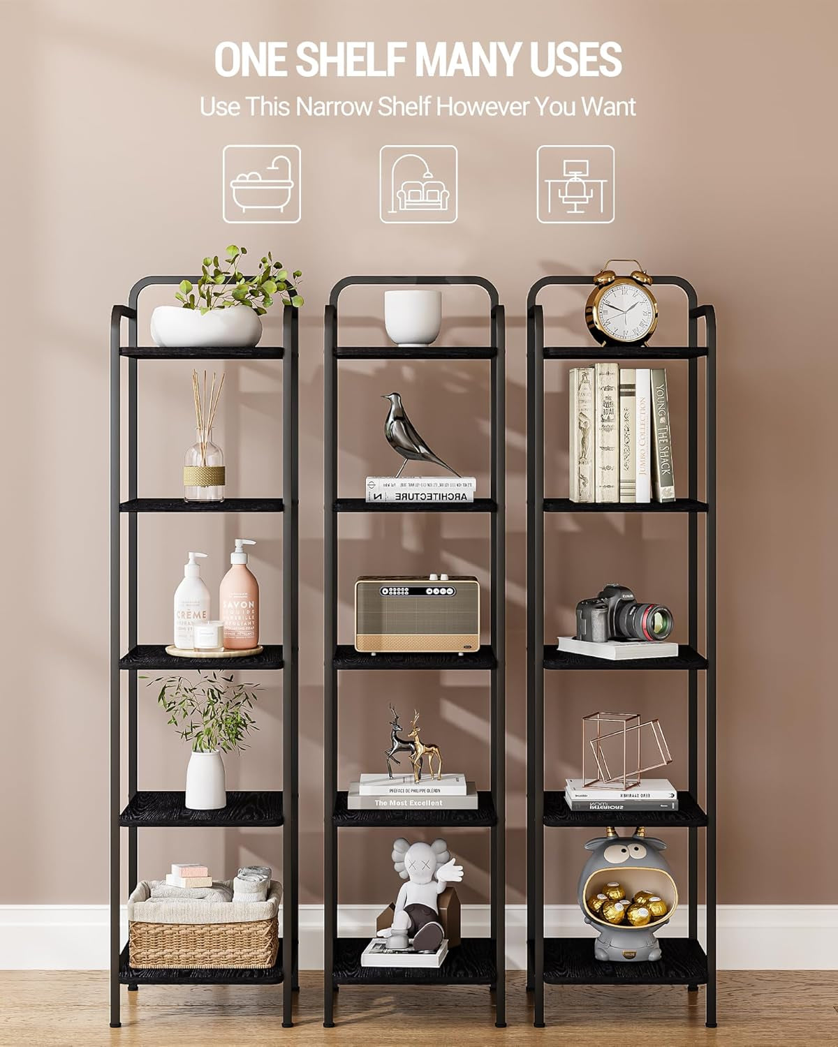 Black 5 Tier Narrow Bookcase Corner Shelf Organizer Industrial Design