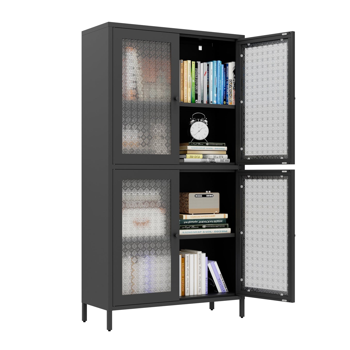 Classic Metal Storage Cabinet Display Cabinet with 4 Glass Doors 4 Shelves Cabinet Freestanding Bookcase Side Cabinet for Home Office Living Room Kitchen Hallway - Black, Begonia Flower Tempered Glass