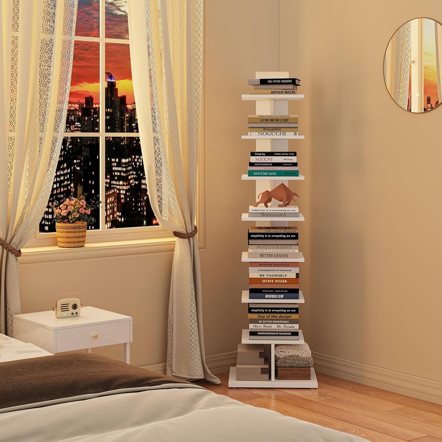 Vertical Bookshelf 8 Tier White Bookcase Living Room