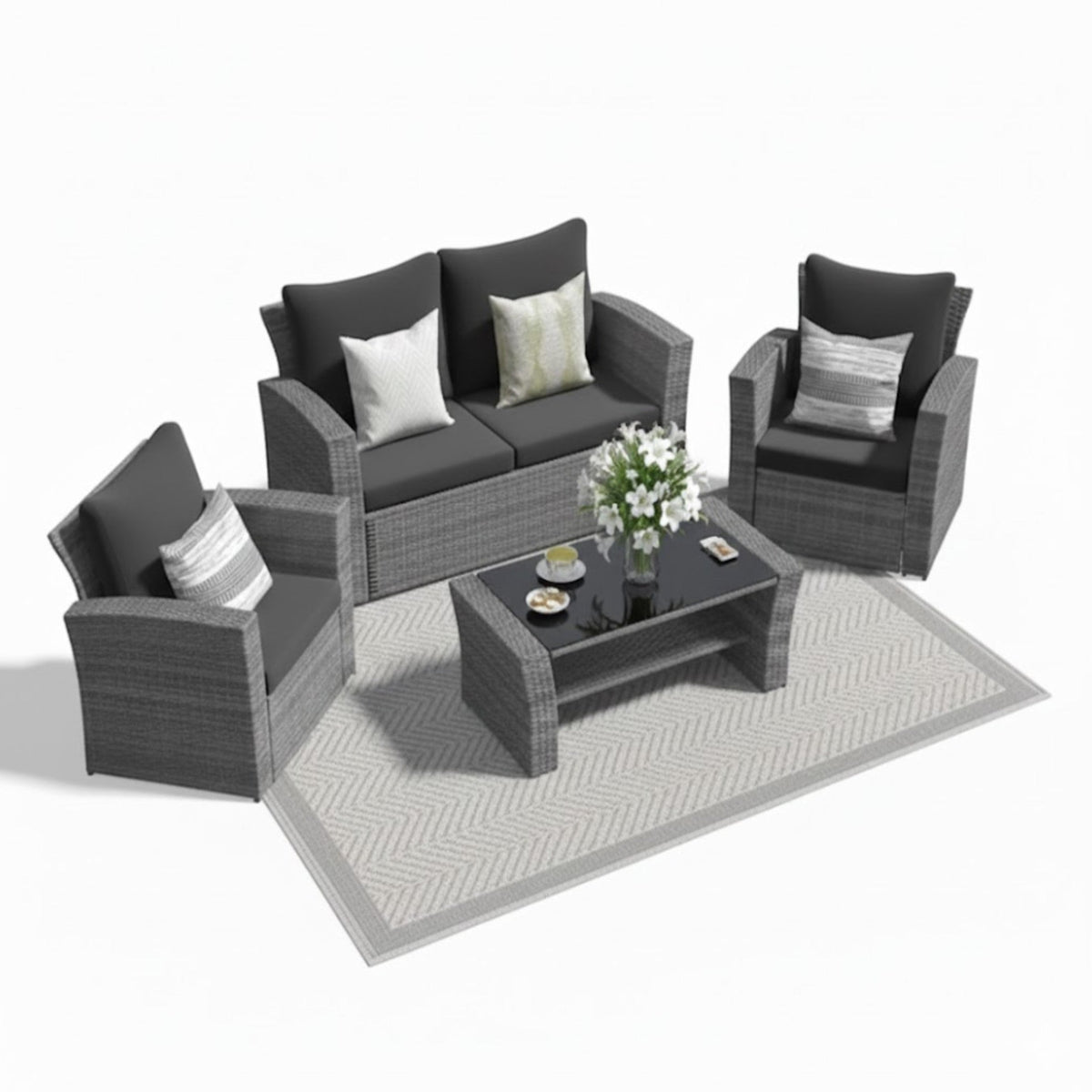 4-Piece Wicker Patio Conversation Set with Glass Table