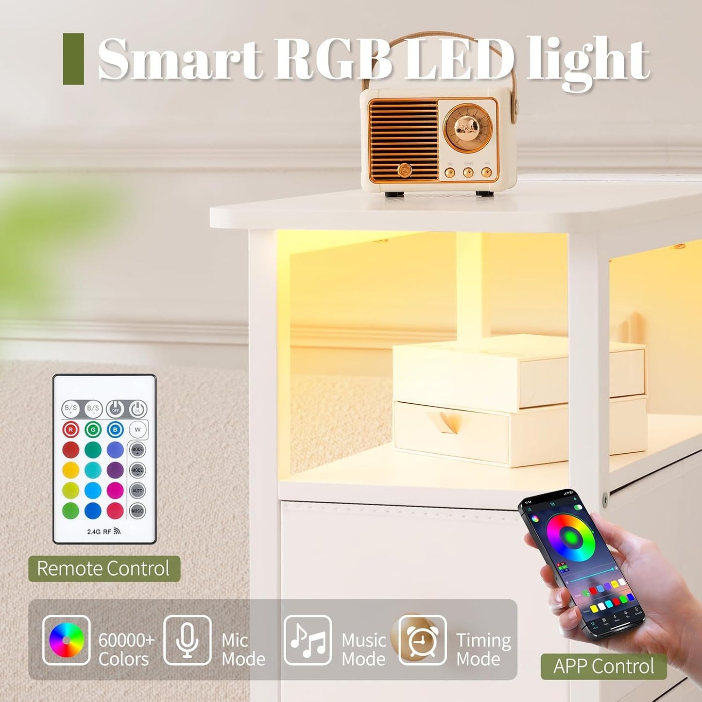 LED Narrow Nightstand With Wireless Charging White