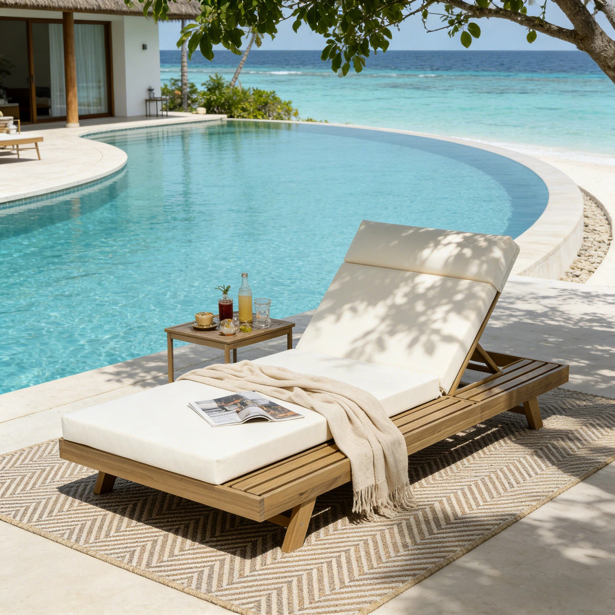 Lounge Chaise Set With Headrest, Acacia Wood