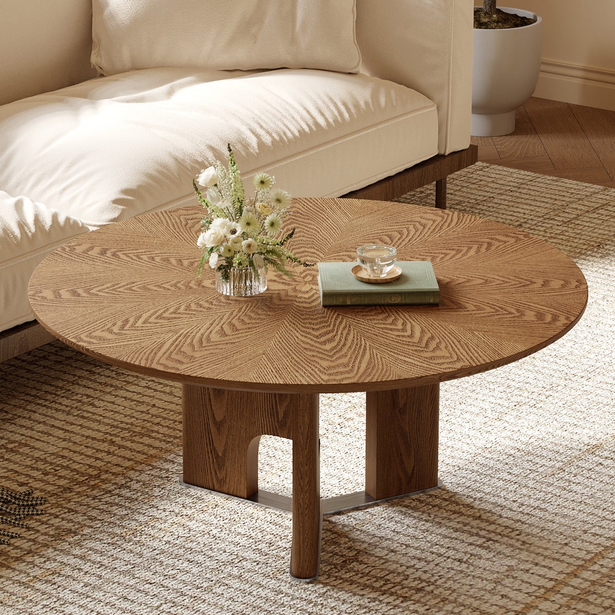 31.5 Inches Round Rustic Ash Wood Veneer Coffee Table