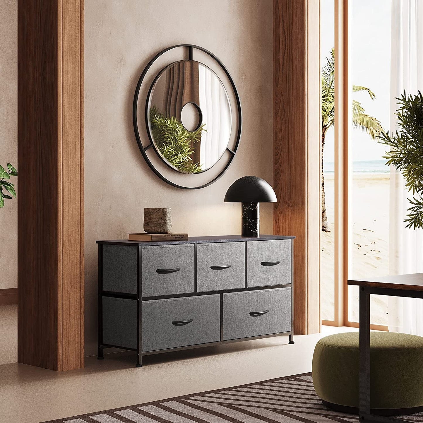 5 Drawer Dark Grey Fabric Chest With Wood Top Bedroom