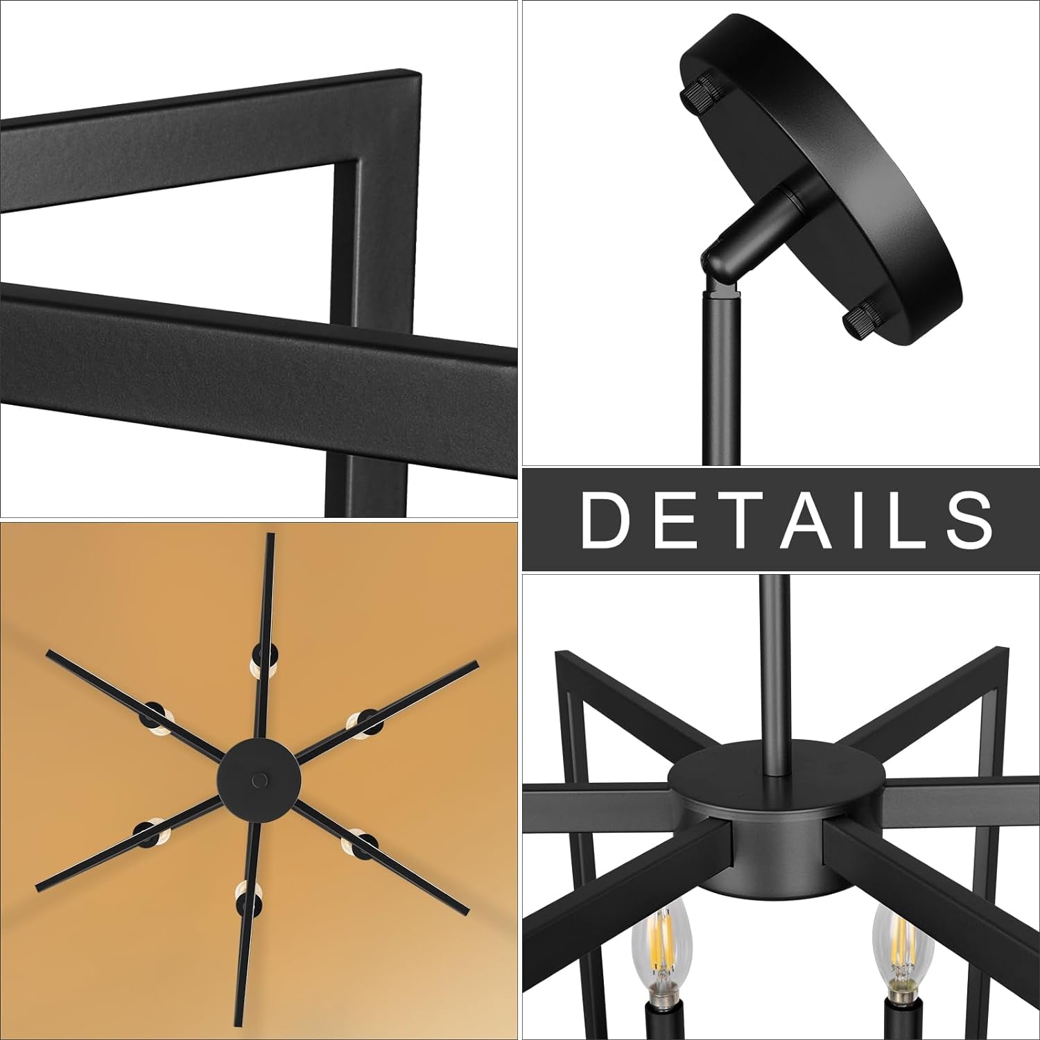 Six Light Black Farmhouse Chandelier For Kitchen Island details featuring a matte black metal frame and modern design.